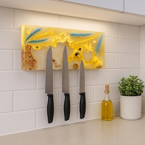Magnetic knife holder, yellow epoxy resin knife block, knife magnet, wood knife strip, knife storage, minimalist kitchen wall art, gift her