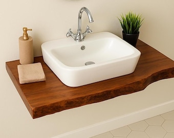 Rustic Live Edge Floating Shelf – Solid Wood Bathroom Vanity and Walnut Countertop