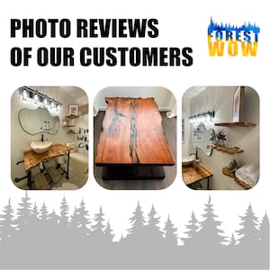 three pictures of a bathroom with a wooden table