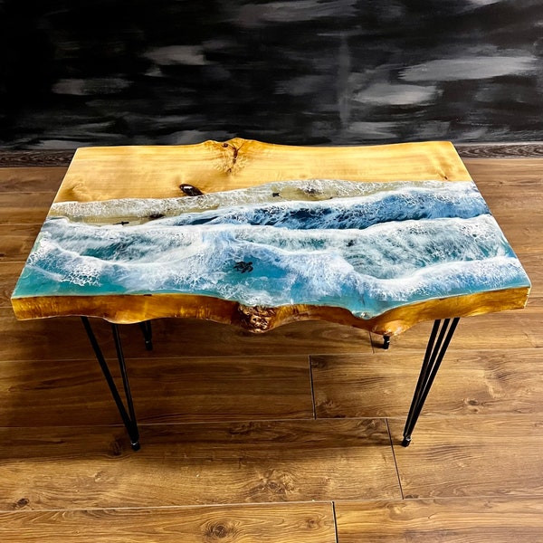 Epoxy resin wood coffee table, ocean wave decor, live edge table, new home gift, unique coffee table