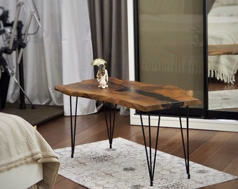 Wooden live edge walnut coffee table, accent table, hairpin legs, rustic home decoration, housewarming gift