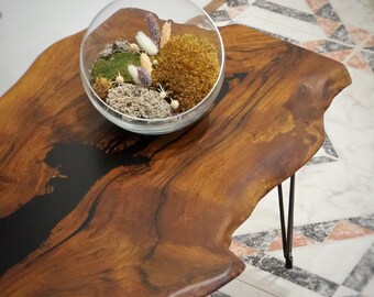 Walnut small coffee table, wooden side epoxy low table, live edge rustic table, housewarming gift, home decoration, wood slab, mid century