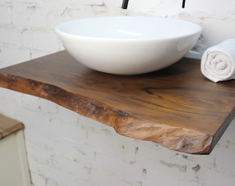 Live edge rustic floating shelf, vanity tray, walnut wood countertop, floating nightstand, gift for wife, bathroom decor, wall art