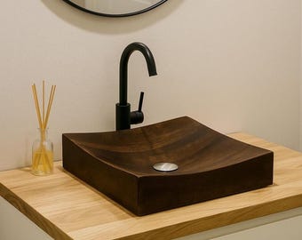 Rustic Ash Wood Sink – Handmade Square Wooden Washbasin for Bathroom Decor