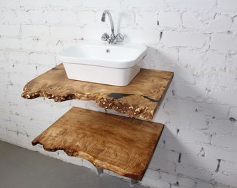 Live Edge Vanity Bathroom Wood Sink Shelf,Farmhouse Rustic Solid Wooden Side Decor, Double Maple Shelf, Gift For Wife