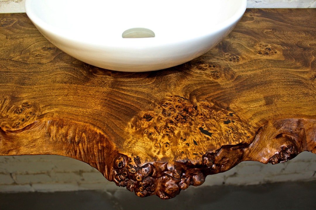 Poplar Wood Bathroom Vanity Live Edge Countertop, Farmhouse Rustic Solid Wooden Side Decor