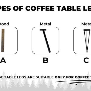 May include: Diagram showing three different types of coffee table legs: a wooden leg, a metal T-shaped leg, and a metal tripod leg. "These table legs are suitable only for coffee tables."