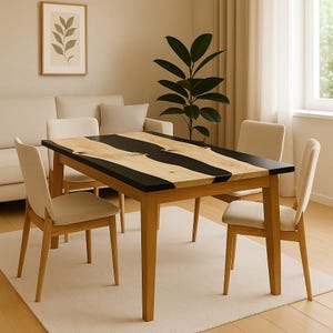 Large wood resin table, unique dining table, black epoxy river table, rustic walnut table, living room table, river table, home decor