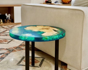 Tavolino da caffè rotondo in resina epossidica verde smeraldo – Tavolino decorativo in acero fatto a mano