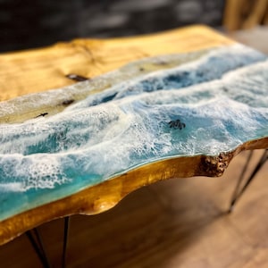 Poplar wood ocean wave table, custom live edge epoxy coffee table, rectangular accent table, handmade home gift, housewarming decor