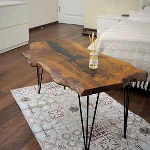 Live Edge Walnut Coffee Table, Rustic Natural Unique Epoxy Modern Wood Slab Table, Cute Modern Table Metal Legs, Christmas Gift