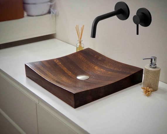 Thermally modified ash wood sink, handmade bathroom sink, square wood bowl, bathroom accessories, kitchen sink, new home gift, custom top