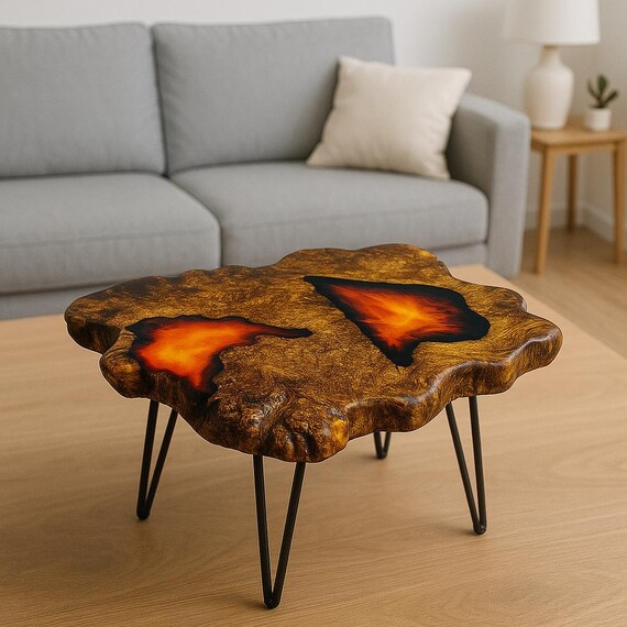 ACME Furniture DRIFTWOOD　LOWTABLE Driftwood Epoxy Coffee Table, Live Edge Lava Table, Fire