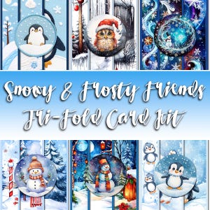 Verschneite & Frostige Freunde | Tri-Fold Karte Kit | Druckbare Feiertagskartendesigns | 6 festliche Designs