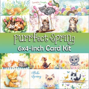 Kit de cartes de vœux Purrfect Spring et imprimés créatifs | de Pâques/Printemps imprimables | Artisanat saisonnier bricolage | 12 modèles de chats