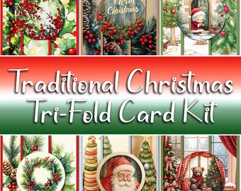 May include: A traditional Christmas tri-fold card kit with images of Santa Claus, a Christmas tree, a wreath, and a teddy bear. The kit includes a variety of festive designs and colors.