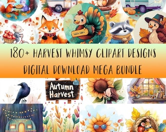 180+ Harvest Whimsy Clipart Designs - Digital Download Mega Bundle - Autumn Stickers