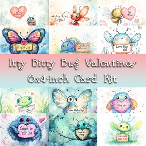 May include: A set of nine 4x6 inch Valentine's Day cards featuring cute cartoon bugs with sweet messages. The cards are illustrated in a watercolor style with bright colors and whimsical details. The messages include "Be My Ladybug?", "Ant-ything for You!", "Bee Mine", "Wings of Love", "Crawling with Love", "Love Bugs You", "Hop into My Heart", "You Light Up My Tifa", "Hug Me", "Caught in Your Love", "Love is Fuzzy", and "Tiny Hands Huge Heart".
