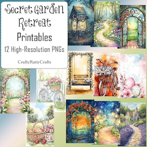 Secret Garden Retreat: afdrukbare kunst | 12 hoge resolutie png's | DIY-knutselen, kaarten maken, wanddecoratie | Printables Spring Garden Escape