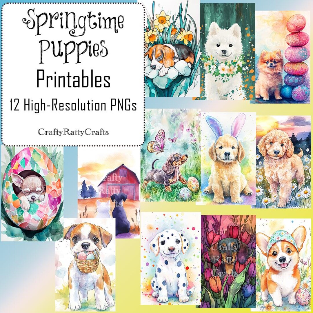 Springtime Puppies - Printable Art | 12 High-resolution Pngs | DIY ...
