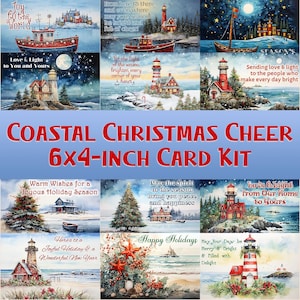 Alegria de Natal Costeira: Kit de Cartões de Natal Farol e Litoral | Cartões de Natal para Imprimir | Artesanato de Natal DIY | 12 Desenhos Náuticos