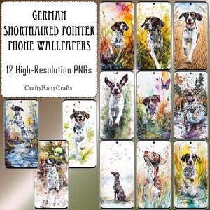 Può includere: Dodici illustrazioni ad acquerello di Bracchi tedeschi a pelo corto in varie pose. Le illustrazioni sono ambientate su diversi sfondi, tra cui una foresta, un campo di grano e un ruscello. Il testo "German Shorthaired Pointer Phone Wallpapers" e "12 High-Resolution PNGs" è visualizzato nella parte superiore dell'immagine.