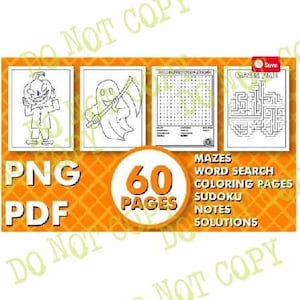 Kids Halloween Coloring Book 60 Pages, printable worksheets, Halloween Learning Pack, Educational games and puzzles