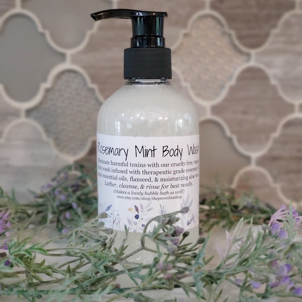 Rosemary Mint Toxin Free Essential Oil Body Wash and Bubble Bath 8oz or 16oz