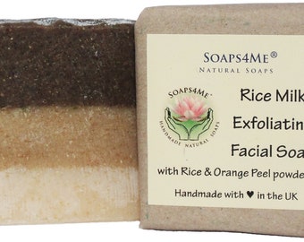 SOAPS4ME Rice Milk Exfoliating Facial Natural Soap | Handmade | Shea Butter | Rice powder | Orange peel powder | Lemon and Cinnamon E. Oil