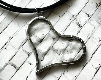 Transparent Heart Pendant, Heart Necklace, Stained Glass Pendant, Laced Glass Pendant, Love Necklace
