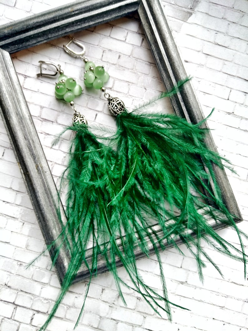Summer Earrings Fluffy Earrings Long Tassel Earrings Green Ostrich Feather Earrings Fringe Statement Earrings