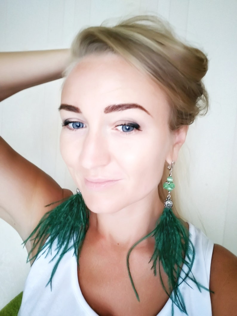 Summer Earrings Fluffy Earrings Long Tassel Earrings Green Ostrich Feather Earrings Fringe Statement Earrings