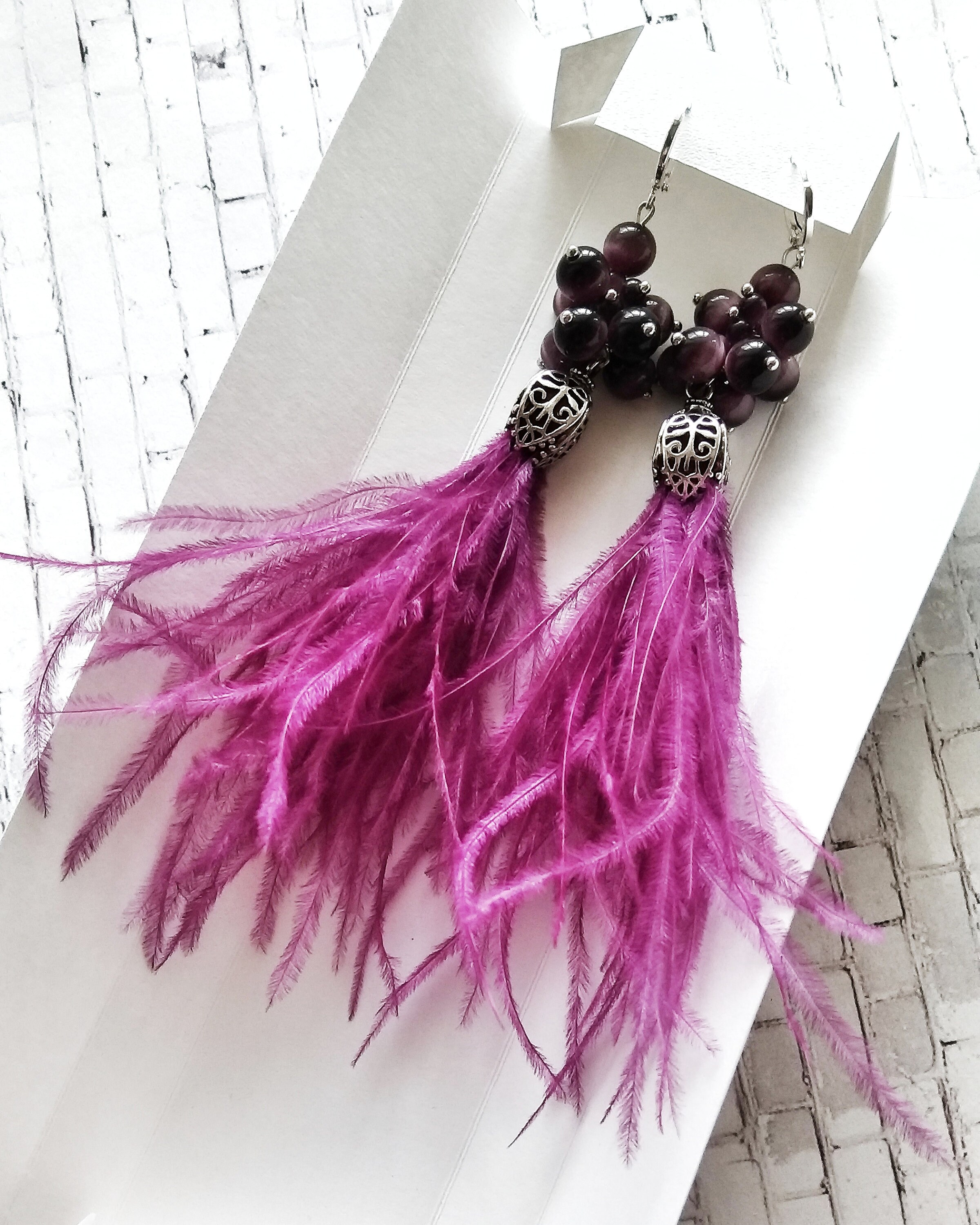 Burgundy Ostrich Feather Earrings Fluffy Earrings Long Etsy