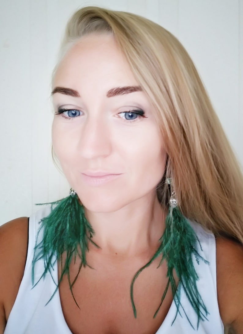 Summer Earrings Fluffy Earrings Long Tassel Earrings Green Ostrich Feather Earrings Fringe Statement Earrings