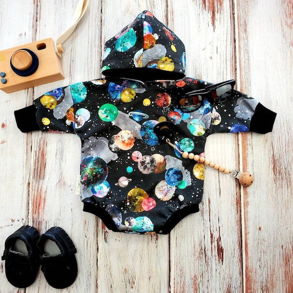 Organic outer space hoodie romper, colorful planets hoodie sweatshirt, baby boy hoodie bodysuit, baby girl outfit, over-sized sweater romper