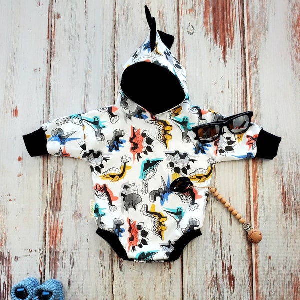 Organic Dinosaur Hoodie Romper, T-Rex Spiked Hoodie Sweatshirt, Baby Boy Clothes, Baby Girl Outfit, Oversized Sweater Romper, 1st Birthday