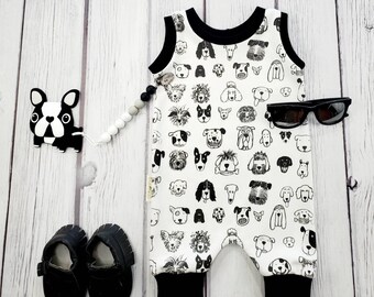 Organic Cotton Puppy Print Romper: Black & White Pull-On Outfit