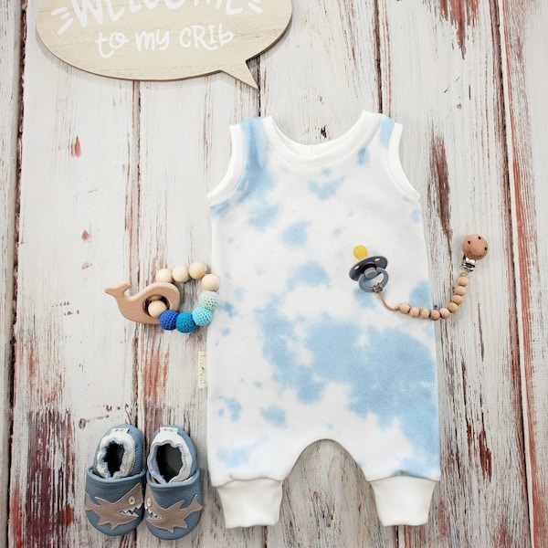 Organic pull-on tank romper, baby boy, girl baby, summer baby, toddler romper, blue tie-dye, gender neutral, no snaps jumpsuit, baby shower