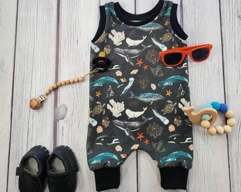 Organic Cotton Baby Romper: Ocean Print, Gender Neutral, No Snaps