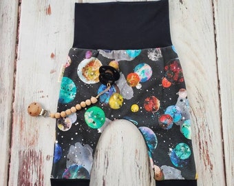 Organic grow with me pants, planet print joggers, cool baby clothes, gender neutral, baby boy pants, baby girl pants, outer space baby pants