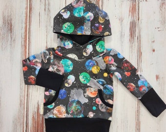 Organic grow with me hoodie, planets, outer space print, cool baby clothes, gender neutral, baby boy clothes, baby girl , Toddler hoodie