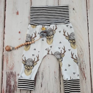 Organic reindeer print grow with me joggers, cool baby clothes, gender neutral, baby boy pants, baby girl pants, organic harem trousers