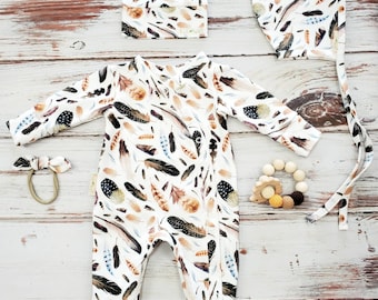 Organic feather print sleeper, fall baby footed pajamas, gender neutral infant clothing, winter baby boho footie outfit, earthy baby clothes