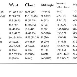 May include: A white chart with black text detailing baby clothing sizes, including waist, chest, total height, and head measurements in inches and centimeters. Sizes range from preemie to 5-6 years.