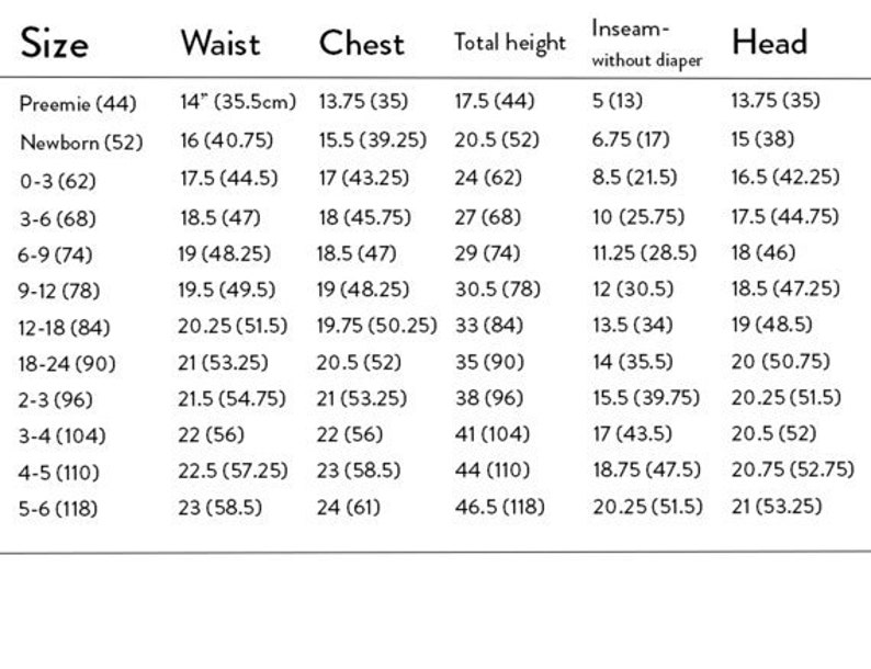May include: A white chart with black text detailing baby clothing sizes, including waist, chest, total height, and head measurements in inches and centimeters. Sizes range from preemie to 5-6 years.