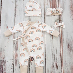Organic Rainbow Baby Kimono Romper: Gender Neutral Coming Home Outfit