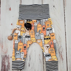 Organic monster print grow with me joggers, cool baby clothes, gender neutral, baby boy pants, baby girl pants, organic Halloween trousers