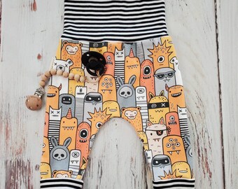 Stampa organica di mostri Grow with me joggers, fantastici vestiti per bambini, genere neutro, pantaloni per neonato, pantaloni per bambina, pantaloni organici di Halloween