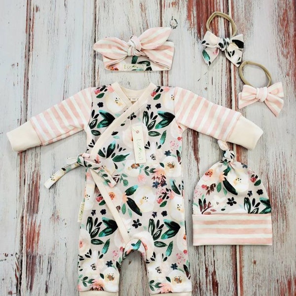 Floral baby coming home outfit, organic kimono romper, summer baby clothing, spring infant romper, soft sleeper, floral baby jumpsuit