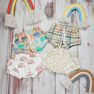 Organic unisex baby shorts, colorful elephants, infant shorties, baby boy, baby girl, summer baby, preppy plaid print, rainbows, polka dots